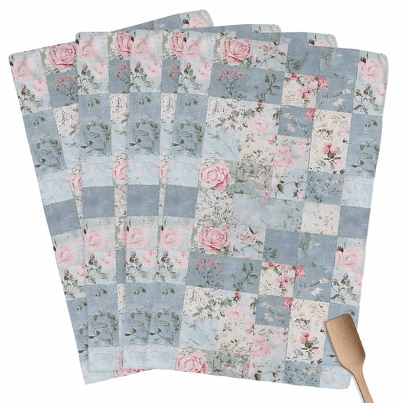 Blue Pink Botanical Kitchen Towel Dish Cloths Set of 4, Microfiber Soft Kitchen Hand Towels, Spring Floral Vintage Absorbent Quick Drying Dishcloths 18 x 28 Inches