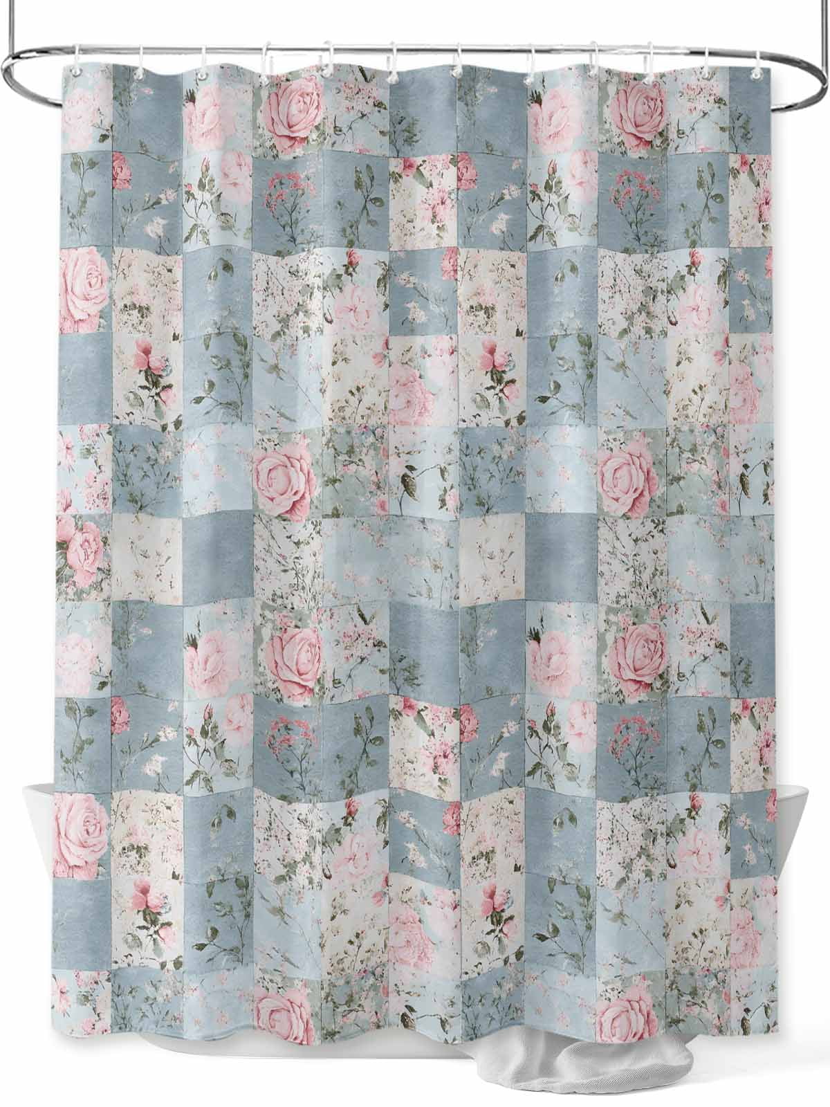 Blue Pink Botanical Long Shower Curtain Set, Waterproof Shower Curtains ...
