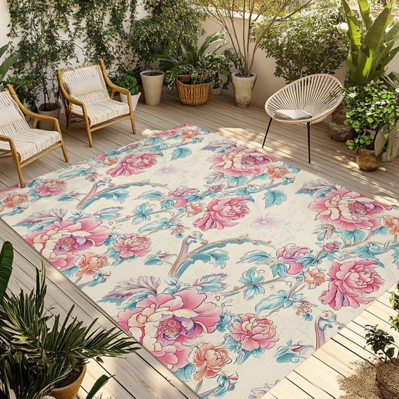 Blue Pink Botanical Outdoor Rug 3x5 Ft - Reversible Patio Rug Outdoor Camping Rugs, Summer Watercolor Flower Leaf Plant Indoor Outdoor Area Rugs, Non-Slip Outdoor Carpet Runner for Deck/Porch
