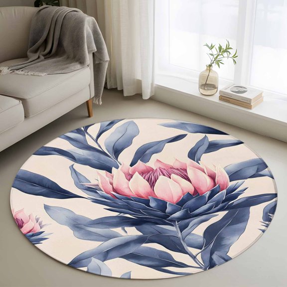Blue Pink Botanical Round Rug 3ft Washable Circle Entryway Rugs Non Slip Oil Painting Spring Floral Modernism Area Rug Indoor Floor Carpet for Bedroom Kitchen Living Room Home Office Dining Room