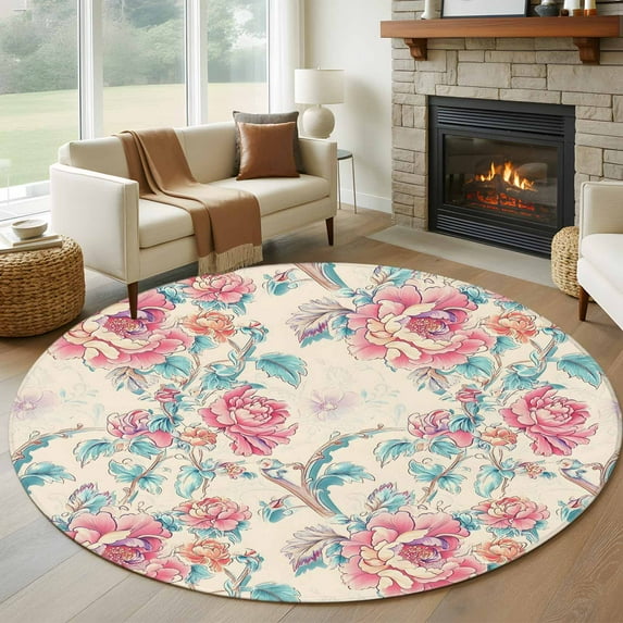 Blue Pink Botanical Round Rug 5ft Washable Circle Kitchen Rugs Non Slip Summer Watercolor Flower Leaf Plant Large Area Rug Indoor Floor Carpet for Bedroom Living Room Home Office Dining Room Nursery