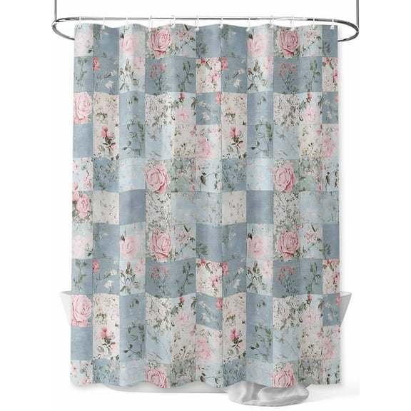 Blue Pink Botanical Small Stall Shower Curtain, Waterproof Shower Curtains for Bathroom, Spring Floral Vintage Washable Fabric Cloth Bath Curtain for Bathtub Decoration with Hooks 36x72 Inches