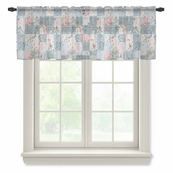 Blue Pink Botanical Valance Curtains for Kitchen/Living Room/Bathroom/Bedroom Window, Rod Pocket Small Topper Half Short Window Curtains Voile Sheer Scarf, Spring Floral Vintage 42"x12"