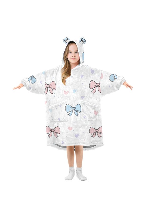 Blue Pink Bowknots Hearts Valentine Flannel Wearable Blankets Hooded Design Long Sleeves Wrap Unisex for 3T-14Y S
