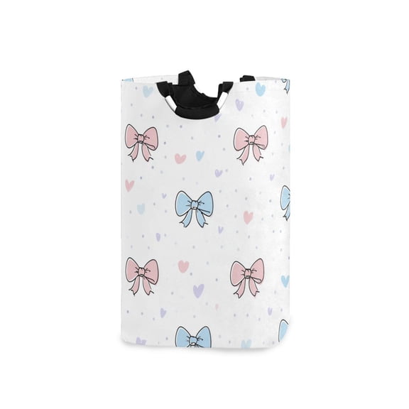Blue Pink Bowknots Hearts Valentine Laundry Basket with Handles Foldable Laundry Hamper Freestanding Washing Bin 50L
