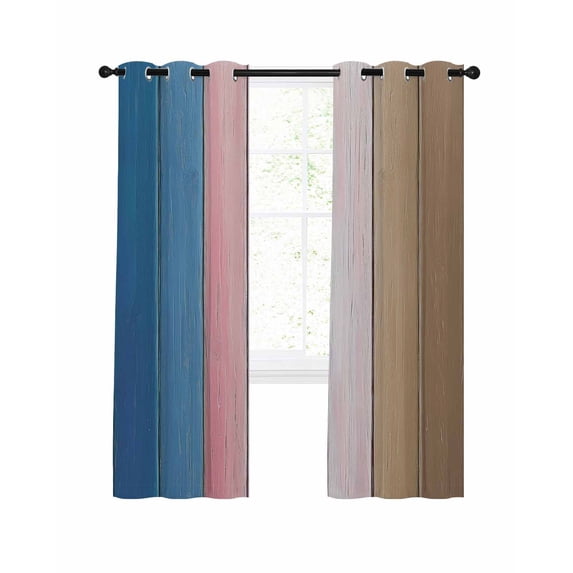 Blue Pink Brown Ombre Blackout Curtain 54 Inch Length 2 Panels Set, Vintage Farmhouse Wooden Two-layer Sewing Polyester Fiber Blackout Curtain with Grommet, 52" x 54" x 2