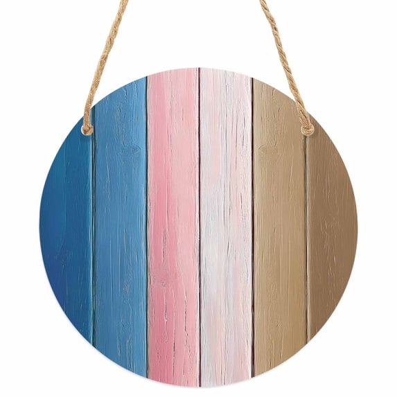 Blue Pink Brown Ombre Round Front Door Welcome Sign, 7.8 Inch Wall Hanging Decor for Indoor Outdoor, Vintage Farmhouse Wooden Home Porch Hanger Decorations for Holiday Gift