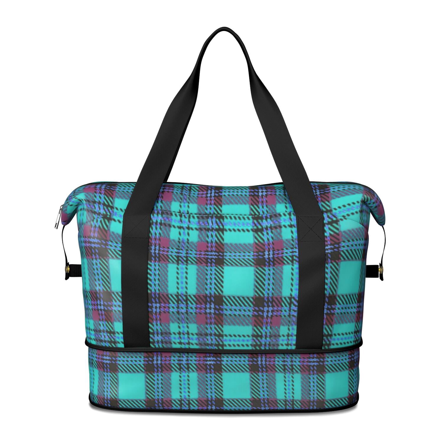 Wet Pattern Blue and Pink Checkered Pattern Expandable Travel Tote Bag, Work ...