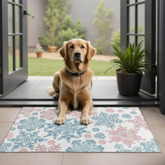 Blue and Pink Christmas Snowflake Pattern Door Rugs,Washable Non Slip Door Mats Indoor,Decorative Door Mats,Entry Mat Indoor for Entrance,Bedroom,Kitchen,Bathroom,20"x32"