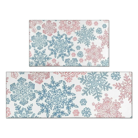 Blue and Pink Christmas Snowflake Pattern Kitchen Rugs Sets Of 2,Anti Fatigue Kitchen Mat Rugs Non Slip Washable,Decorative Kitchen Floor Mats for Kitchen,Sink,Laundry,17"x30"+17"x47"