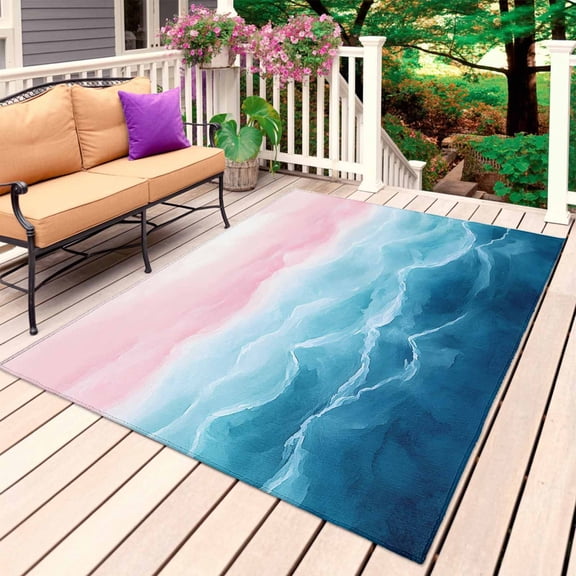 Blue Pink Coastal Outdoor Rug for Patio/Deck/Porch, Non-Slip Large Area Rug 6 x 9 Ft, Summer Beach Nautical Seaside Indoor Outdoor Rugs Washable Area Rugs, Reversible Camping Rug Carpet Runner