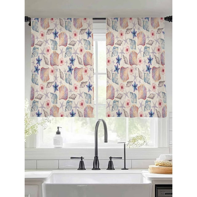 Blue Pink Conch Sheer Curtains for Living Room Bedroom Beige Retro