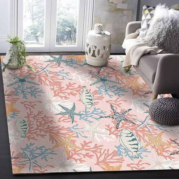 Blue Pink Coral Area Rug, Ocean Starfish Nautical Rectangle Rugs, Non Slip Machine Washable Easy Care Carpet For Classroom Studio Piano Room Violin Room Decor Rug 2 x 3ft