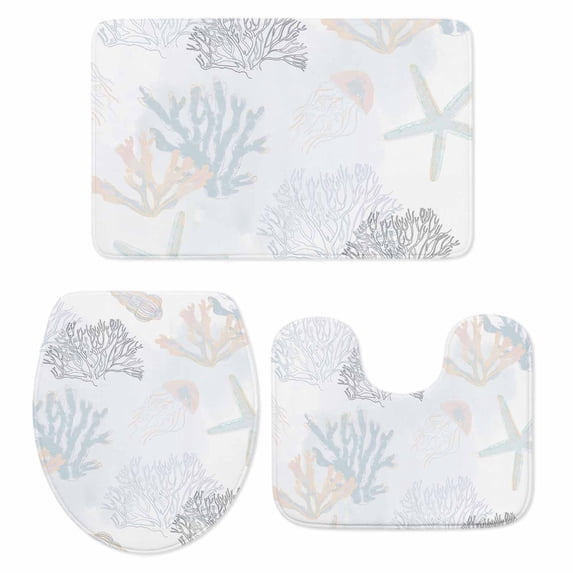 Blue Pink Coral Coastal Bath Mat 3 Piece Bathroom Rug Set, Nautical Starfish Summer Beach Non Slip Bath Rug Contour Mat and Toilet Lid Cover, Absorbent Shower Mats Soft Bath Rugs and Mats Sets
