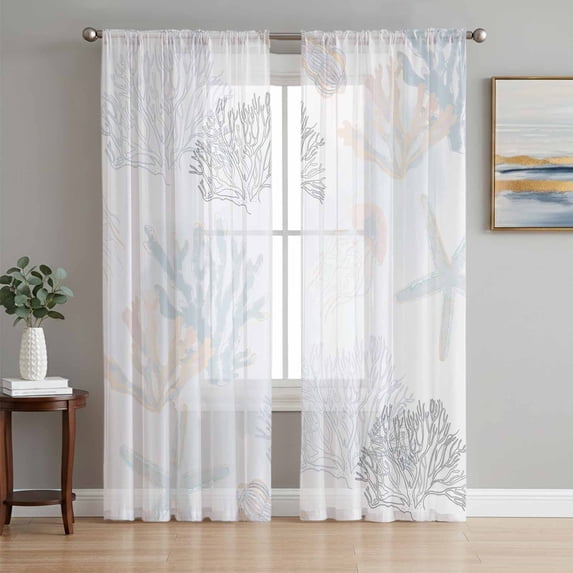 Blue Pink Coral Coastal Sheer Curtains 72 Inch Length 2 Panels Set, Nautical Starfish Summer Beach Voile Window Treatment Rod Pocket Curtains Sheers Drapes for Bedroom/Living Room/Kitchen 52"x72"x2