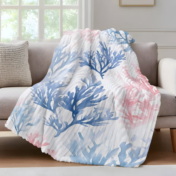 Blue Pink Coral Fleece Throw Blanket for Couch, Beach Ocean Summer Coastal Microfiber Flannel Blanket for All Season, Lightweight Fuzzy Plush Throw Blankets for Gifts, Office, 40"x50"