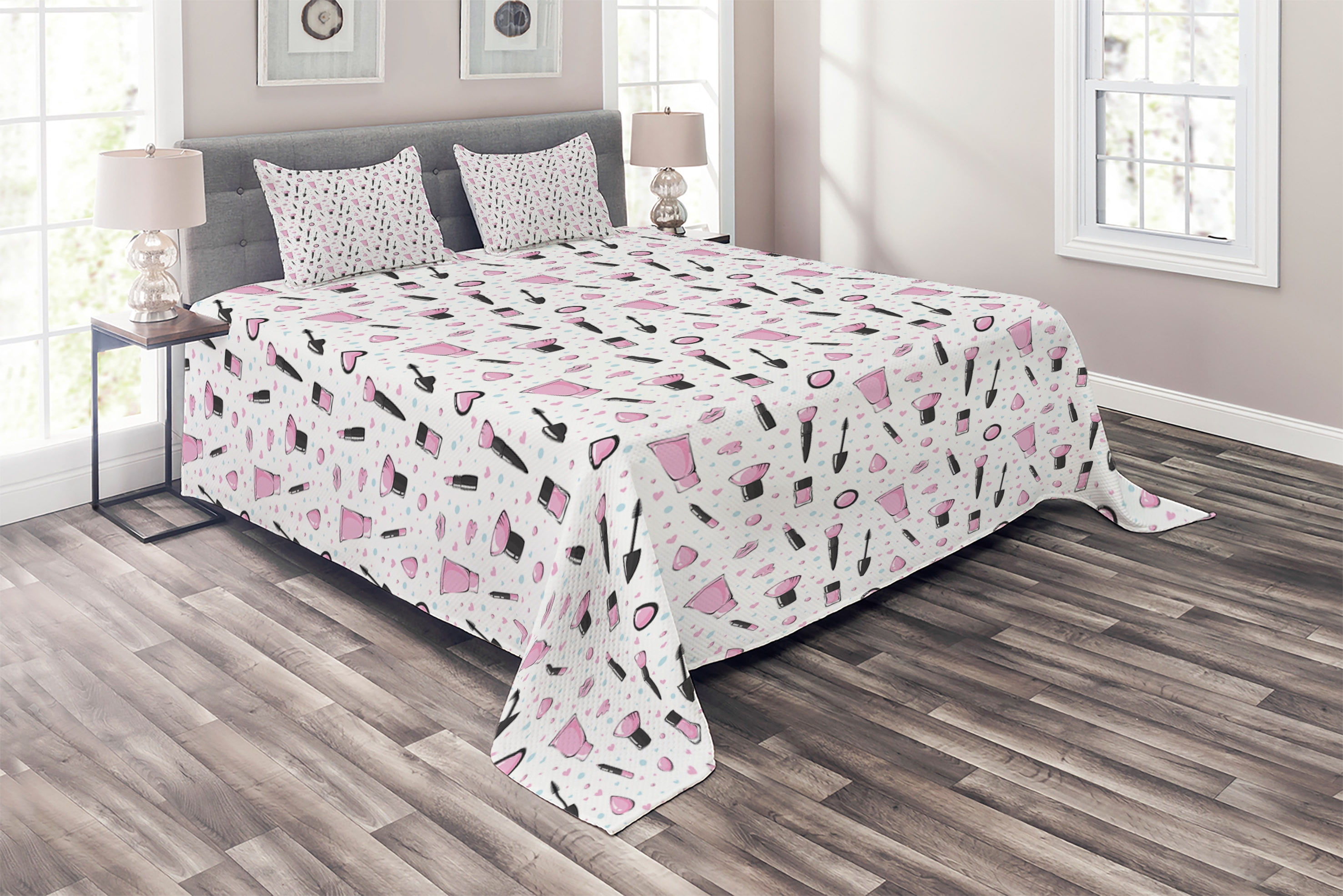 Blue and Pink Coverlet, Feminine Pattern with Makeup Supplies Brush