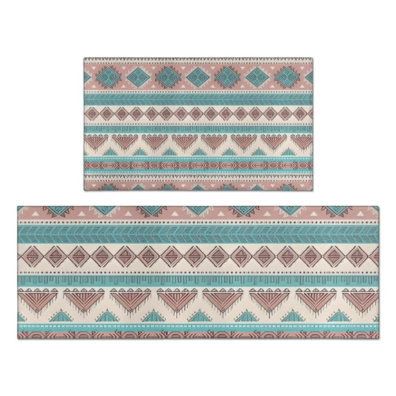 Blue and Pink Diamond Shaped Boho Pattern Kitchen Rugs Sets Of 2,Anti Fatigue Kitchen Mat Rugs Non Slip Washable,Decorative Kitchen Floor Mats for Kitchen,Sink,Laundry,17"x30"+17"x47"