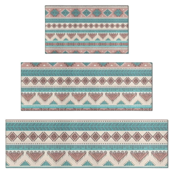 Blue and Pink Diamond Shaped Boho Pattern Kitchen Rugs Sets Of 3,Kitchen Runner Rugs Non Skid Washable,Decorative Kitchen Floor Mats for Kitchen,Sink,Laundry,17"x30"+ 17"x47" + 17"x59"