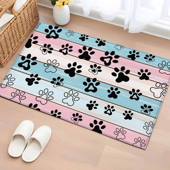 Blue Pink Dog Paws Prints 2'x3' Washable Rug, Farmhouse Beige Wood Non-Slip Soft Doormat Area Rugs for Entrance Bathroom Bedsides, Front Doormat Carpet for Kitchen Bedroom, Entryway Floor Mat