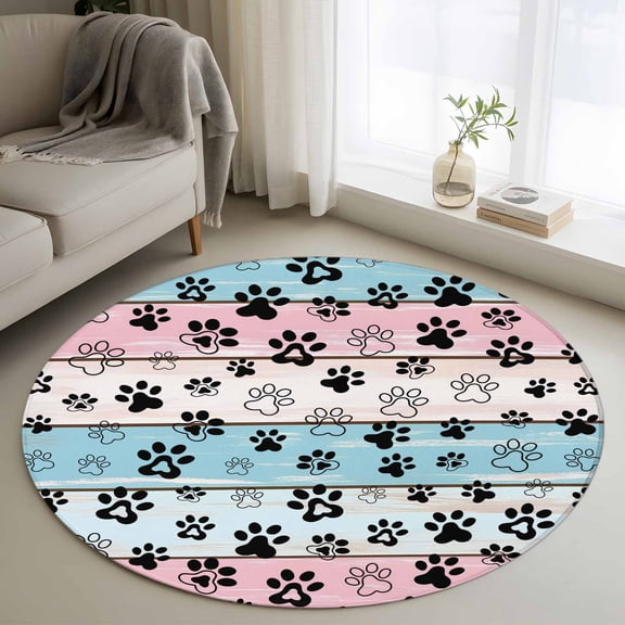 Blue Pink Dog Paws Prints Round Area Rug 4ft, Farmhouse Beige Wood Washable Non-Slip Circle Rugs for Bedroom Living Room Kitchen, Soft Non Shedding Circle Carpet for Dining Room Dorm