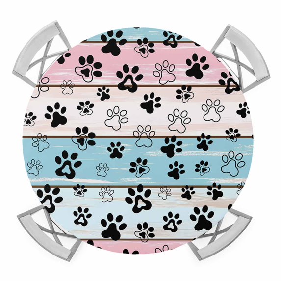 Blue Pink Dog Paws Prints Round Tablecloth for 55-60 Inch Tables, Fitted Table Cover with Elastic Edge, Farmhouse Beige Wood Waterproof Outdoor Table Cloth Protector for Patio Garden Dinner Picnic