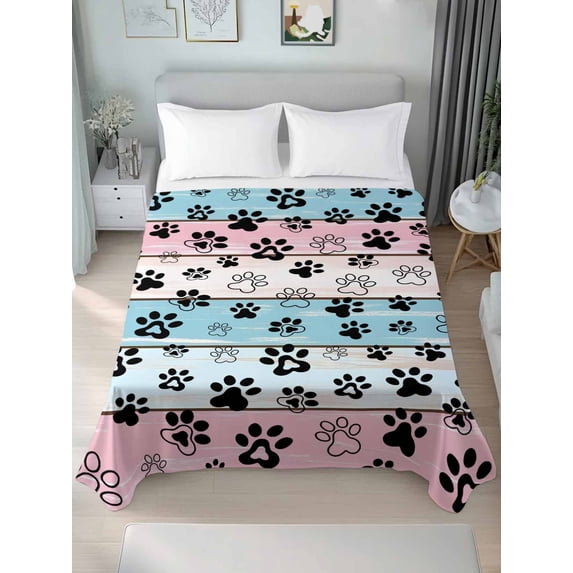 Blue Pink Dog Paws Prints Twim Size Flat Sheet, Wrinkleproof & Fadeproof Cooling Flat Bed Sheet Only, Farmhouse Beige Wood Breathable Soft Bedding Top Sheets 66 x 96 Inches