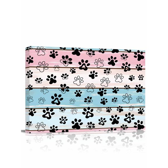 Blue Pink Dog Paws Prints Wall Art for Living Room,Canvas Picture Wall Decor for Bathroom Bedroom,Farmhouse Beige Wood Painting Artwork for Office Kitchen Hallway Dining Room Home Decorations 12"x16"