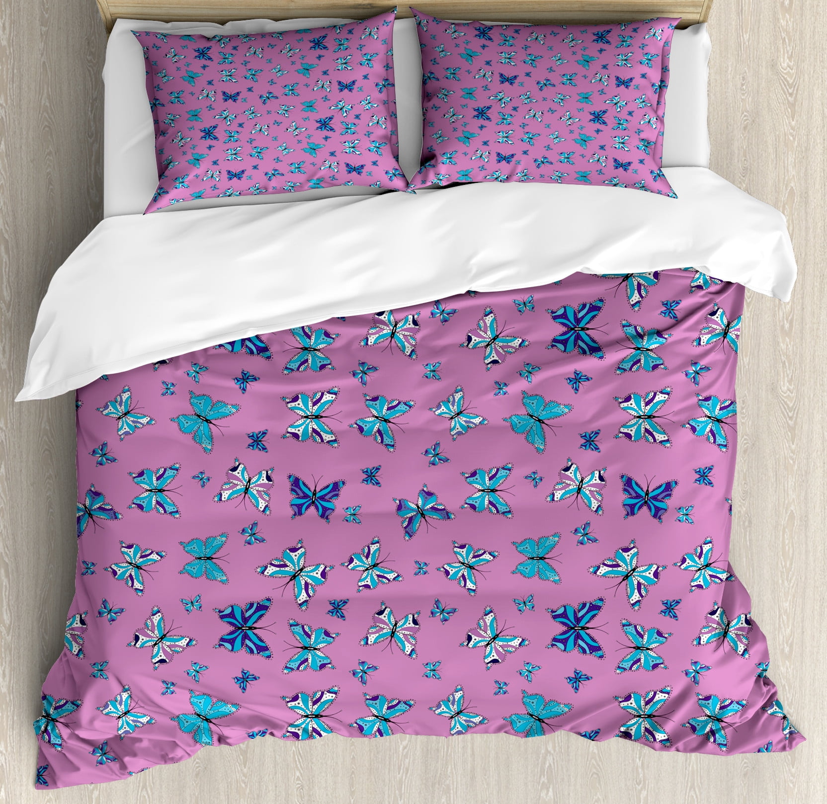 Blue and Pink Duvet Cover Set, Abstract Butterflies Repeating Pattern