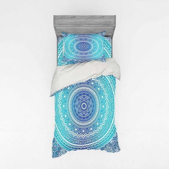 Blue and Pink Duvet Cover Set, Ombre Mandala Floral Star Medallion Pattern Style Bohemian, Bedding Set with Shams and Fitted Sheet, 3 Sizes, by Ambesonne