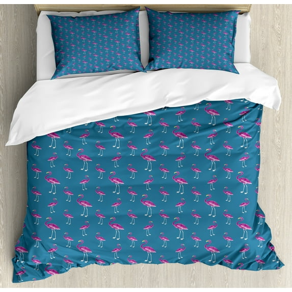 Blue and Pink Duvet Cover Set, Pattern Exotic Flamingo, Decorative 3 Piece Bedding Set with 2 Pillow Shams, King Size, Dark Turquoise Pink, by Ambesonne