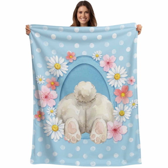 Blue Pink Easter Blanket Soft Cozy Warm Throw Blanket for Couch, Plush Fuzzy Flannel Fleece Blankets for Sofa, Easter Bunny Watercolor Dots Floral Artwork Bed Blankets Gifts for Men, 50"x60"