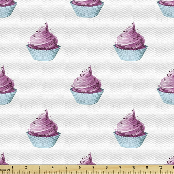Blue and Pink Fabric by the Yard, Dessert Themed Cupcake Pattern on Plain Backdrop, Decorative Upholstery Fabric for Chairs & Home Accents, 2 Yards, Pale Blue Pale Fuchsia by Ambesonne