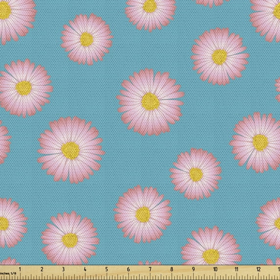 Ambesonne Blue and Pink Fabric by the Yard Upholstery, Delicate Flower Petal, 5 Yards, Sea Blue Earth Yellow