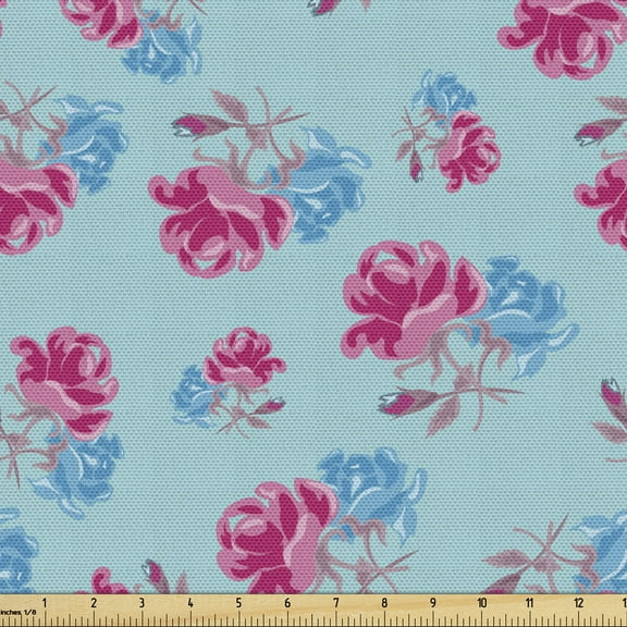 Blue and Pink Fabric by the Yard, Vintage Inspired Pattern with Bicolour Summer Roses Graphic, Upholstery Fabric for Dining Chairs Home Decor Accents, 1 Yard, Mint Green Multicolor by Ambesonne