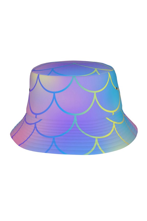 Blue Pink Fish Scale Pattern With Colorful Mesh Bucket Hat, Packable Fisherman Sun Cap, Foldable UV Protection for Fishing Beach Hiking Camping