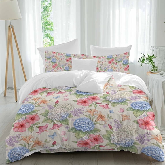 Blue Pink Floral 4 Piece Duvet Cover Set Twin Size Retro White Blue ...