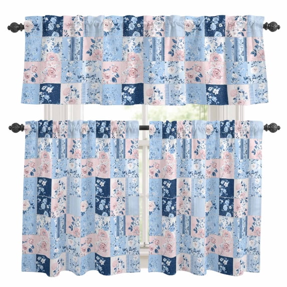 Blue Pink Floral Kitchen Curtains Sets for Windows 36 Inch Length, Farmhouse Vintage Botanical Rod Pocket Window Treatments Tier Curtains and Valances Set for Bedroom/Bathroom