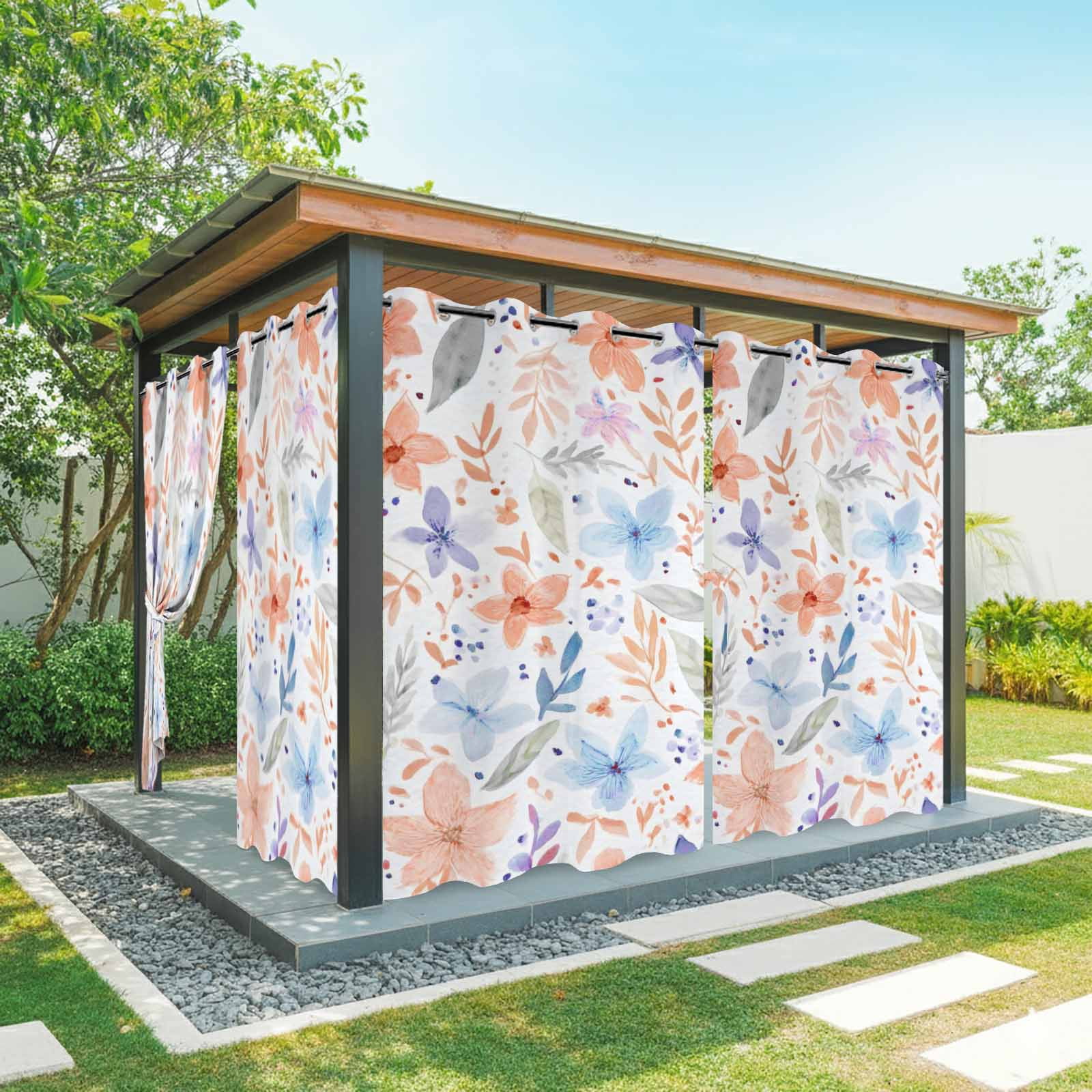 Blue Pink Floral Outdoor Curtains for Patio, Boho Light Blue Pink Flowers Leaf Sunshade Privacy Drapes Grommet Waterproof Outside Curtains for Porch/Cabana/Balcony 54"x 108", 1 Panel