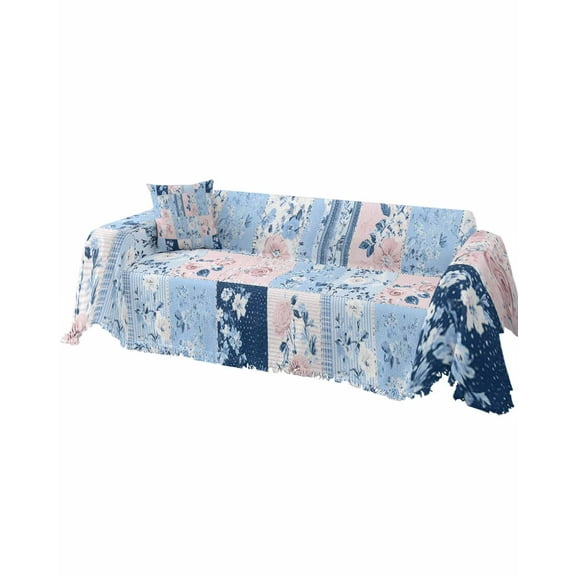 Blue Pink Floral Sofa Covers for 3 Cushion Couch, Washable Sectional & L Shape Couch Covers for Dogs/Cats/Kids, Farmhouse Vintage Botanical Non Slip Sofa Slipcover Futon Cover 71''x150''