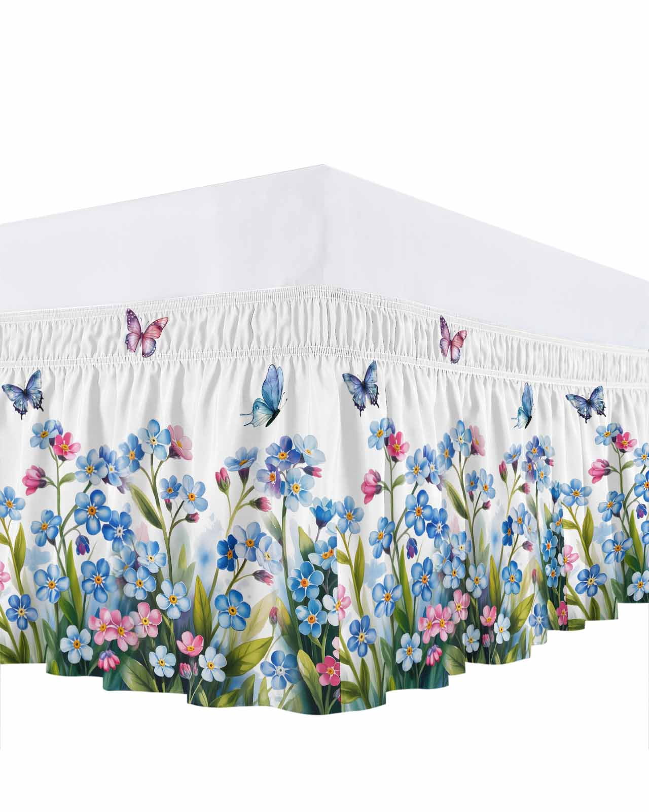 Blue Pink Flower Bed Skirt Queen Size 16 Inch Drop, Spring Pink Blue ...