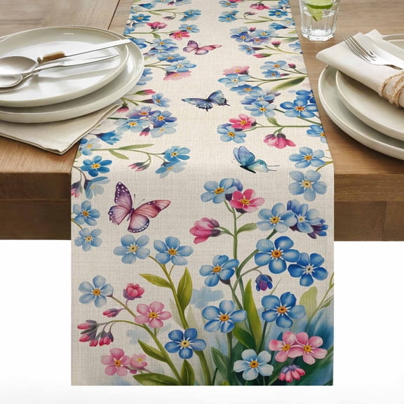 Blue Pink Flower Cotton Linen Table Runner Watercolor Spring Pink Blue Floral Butterfly Linen Texture Dining Table Runners for Home Decor Party Dining Room Restaurant Kitchen 13" x 60"