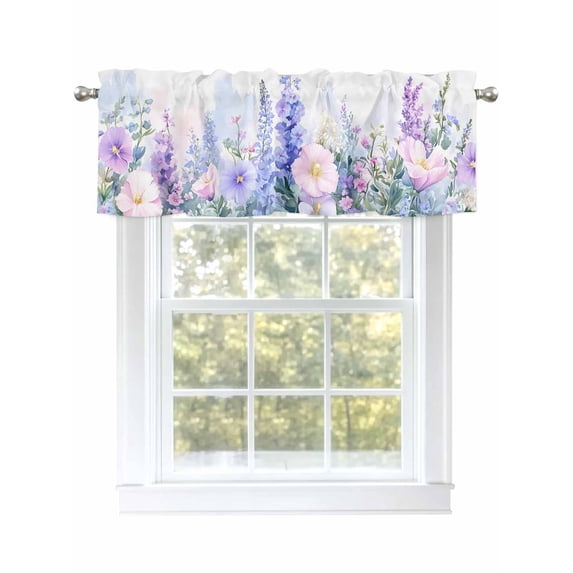 Blue Pink Flower Curtain Valances for Windows, Nature Spring Botanical Plant Painting Kitchen Valance Window Treatment, Light Filtering Block Curtains for Bathroom/Bedroom/Living Room 42'' x 18''