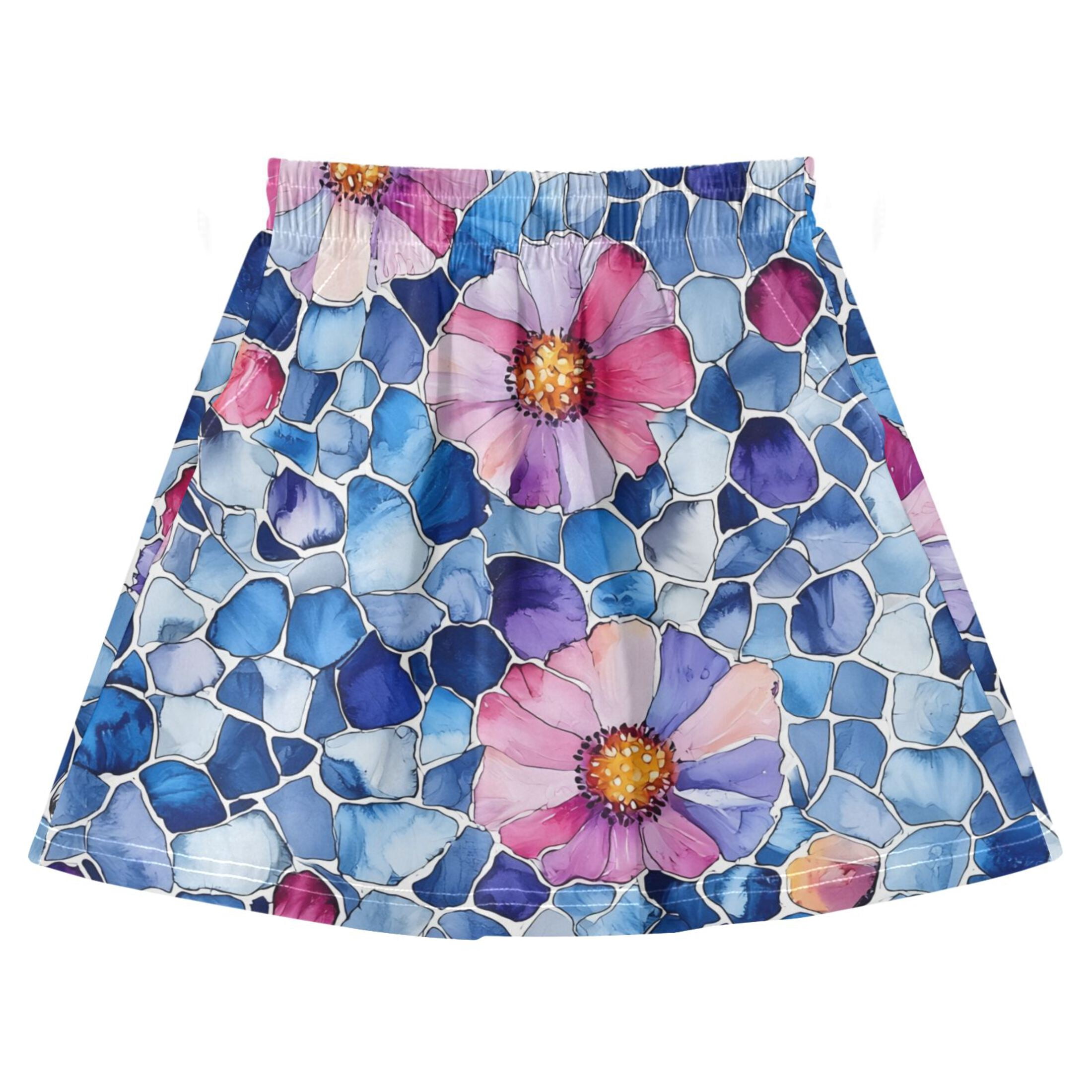 Blue Pink Flower Mosaic Pattern Cotton Skirt Built-in Liner Elastic A ...
