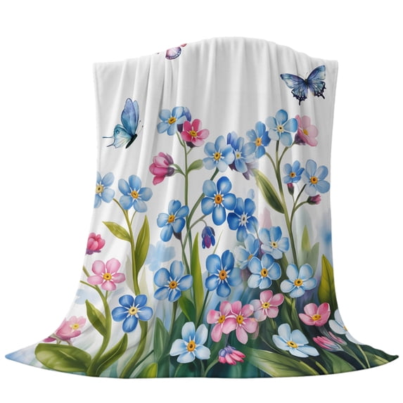 Pink Flower Blue Pink Flower Throw Flannel Blanket Watercolor Spring Pink Blue ...