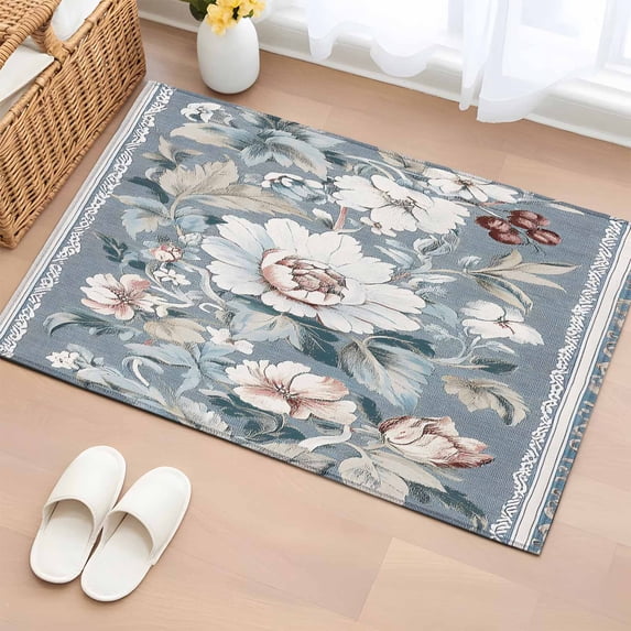 Blue Pink Flowers Bathroom Rug Washable 2x3 Entryway Rug Non Slip Vintage Botanical Elegant Floral Front Door Mat Low Pile Indoor Doormat Throw Floor Carpet for Kitchen Bedroom Entrance