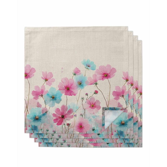 Blue Pink Flowers Cloth Napkins Set of 4 Reusable Dinner Napkins, Spring Garden Floral Rustic Burlap Cocktail Napkin Washable Table Napkins for Wedding/Holiday Party/Baby Shower 20"x20"