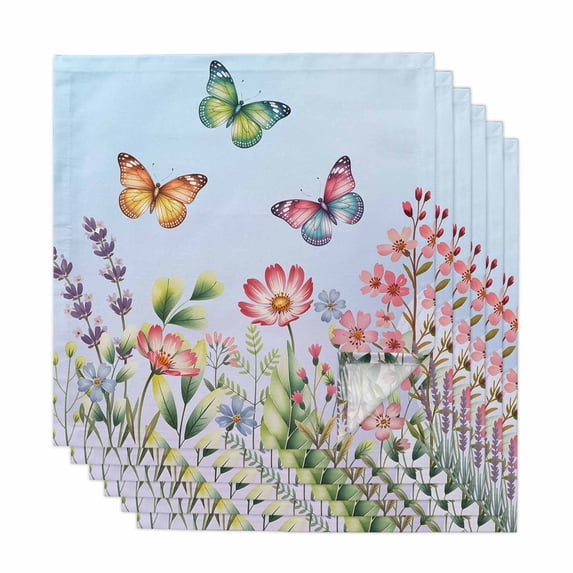 Blue Pink Flowers Cloth Napkins, Spring Floral Butterfly Elegant Pastoral Washable and Reusable Dinner Napkins Set of 6, Table Napkin for Kitchen Party Birthday Wedding Hotel Housewarming 20"x20"