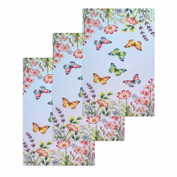 Blue Pink Flowers Kitchen Dish Towels for Drying Dishes Set of 3, Spring Floral Butterfly Elegant Pastoral Waffle Weave Microfiber Hand Tea Bathroom Towels Quick Dry & Absorbent Towel 15.7x23.6