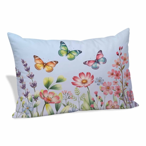 Blue Pink Flowers Pillow Covers, Linen Long Throw Pillow Case, Spring Floral Butterfly Elegant Pastoral Holiday Pillow Protector Decorative Cushion Cover for Living Room/Bedroom 20" x 30"